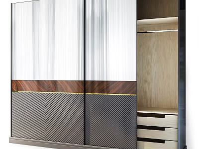 Elegant Modern Chest of Drawers With Double Doors Wood Grain Metal Strips And Open Shelves 3d model