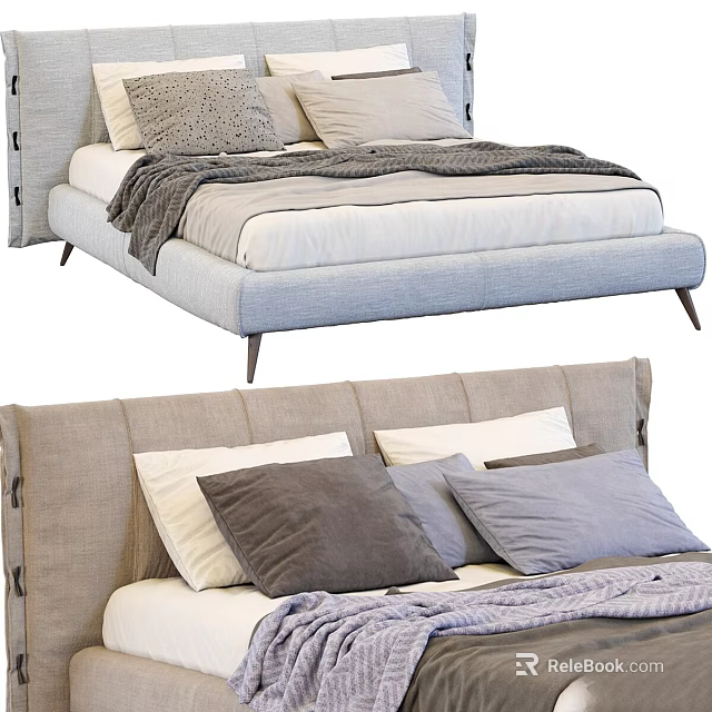 Modern Upholstered Bed Design With Headboard Soft Pillows And Blanket 3d model 