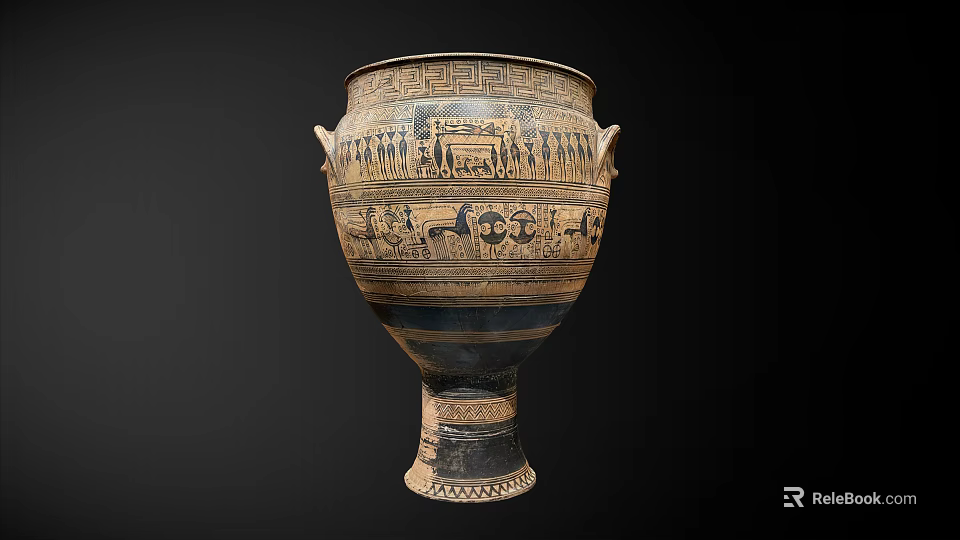 Ancient Greek Ceramic Vessel With Two Handles And Intricate Figurine Patterns Against Black Background 3d model 
