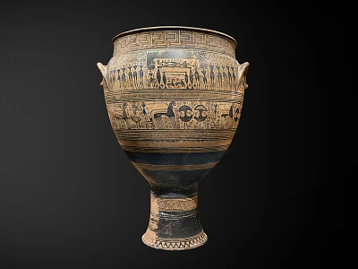 Ancient Greek Ceramic Vessel With Two Handles And Intricate Figurine Patterns Against Black Background 3d model