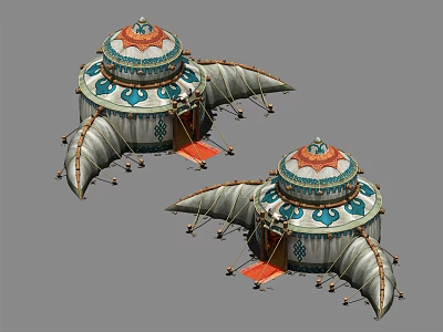 Traditional Yurts Featuring Decorative Red Blue Tops White Fabric And Red Door Curtains 3d model