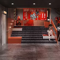 Stylish Restaurant Interior With Bar Counter Beer Spirits Bottles Pendant Lights And Red Black Decor