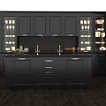Modern Kitchen Interior With Black Cabinets Marble Countertop And Glass Displays