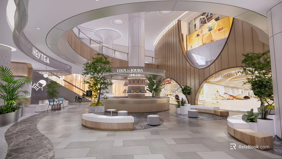 Modern Mall Interior With Curved Staircase Green Plants And Circular Seating Area 3d model 