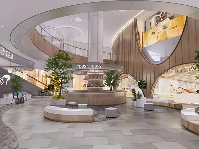 Modern Mall Interior With Curved Staircase Green Plants And Circular Seating Area 3d model