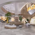 Modern Mall Interior With Curved Staircase Green Plants And Circular Seating Area