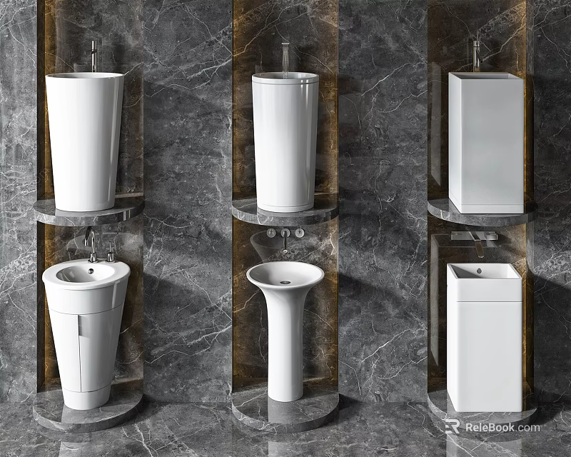 White Bathroom Sinks With Various Modern Designs And Marble Wall Background 3d model