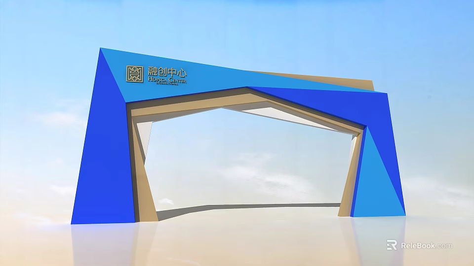 Modern Blue and Gold Archway Design of Financial Center with Geometric Structure 3d model 