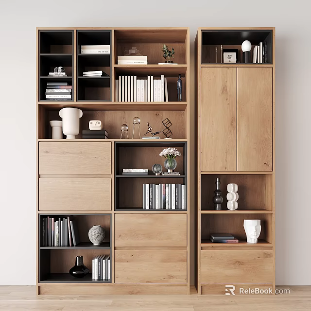 Modern Wooden Bookcase with Open Shelves Drawers Closed Cabinets and Decorative Items 3d model 