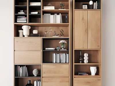 Modern Wooden Bookcase with Open Shelves Drawers Closed Cabinets and Decorative Items 3d model