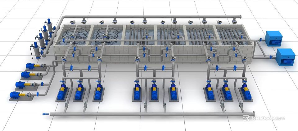 Industrial Equipment Layout Featuring Metal Pipes Valves Blue Pumps and Control Panels 3d model 