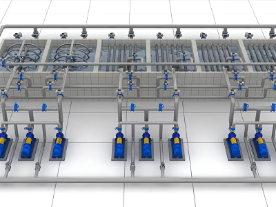 Industrial Equipment Layout Featuring Metal Pipes Valves Blue Pumps and Control Panels 3d model