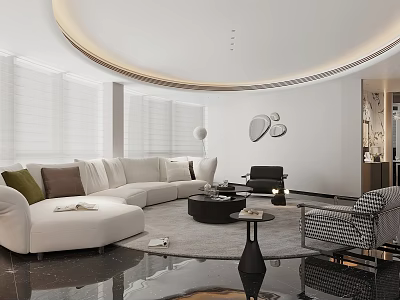 Modern Living Dining Room With White Curved Sofa Black Coffee Table And Checkered Armchair 3d model