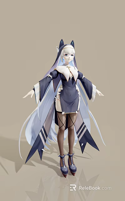 Modern Elegant Woman With Long Hair Blue White Dress And Decorative Sleeves 3d model 