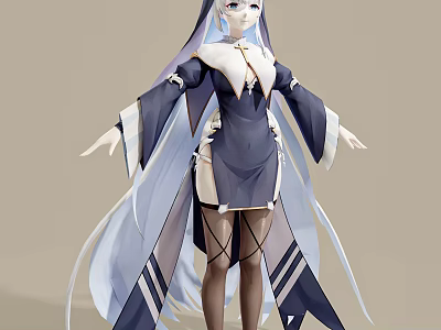 Modern Elegant Woman With Long Hair Blue White Dress And Decorative Sleeves 3d model