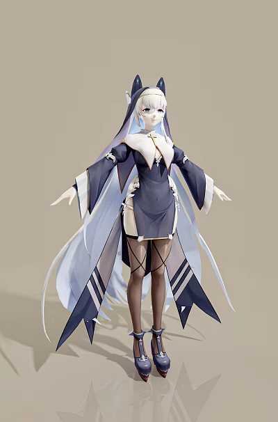 Modern Elegant Woman With Long Hair Blue White Dress And Decorative Sleeves 3d model