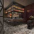 Industrial Style Bar Interior with Bar Counter High Stools Patterned Tiles and Decorative Plant