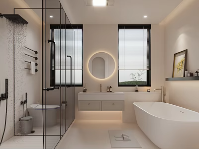 Modern Bathroom Interior With Glass Shower Round Mirror Double Vanity And Freestanding Bathtub 3d model