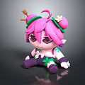 Cute Cartoon Character with Pink Hair Green Leaf Accents White Flower and Purple Pants Design