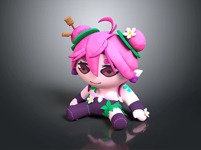 Cute Cartoon Character with Pink Hair Green Leaf Accents White Flower and Purple Pants Design 3d model