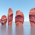 Red Stone Formations and Wooden Elements with Person Standing by Water Surface Under Blue Sky
