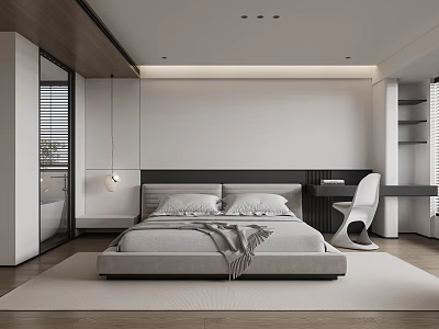 Modern Minimalist Bedroom Interior Design With Gray Bedding Headboard Pendant Light And Desk Chair 3d model