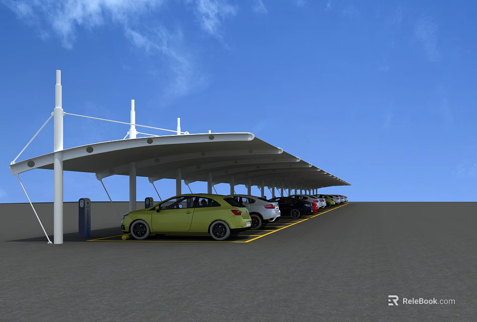 Modern Carport Canopy Structure For Outdoor Parking With Parked Cars 3d model 