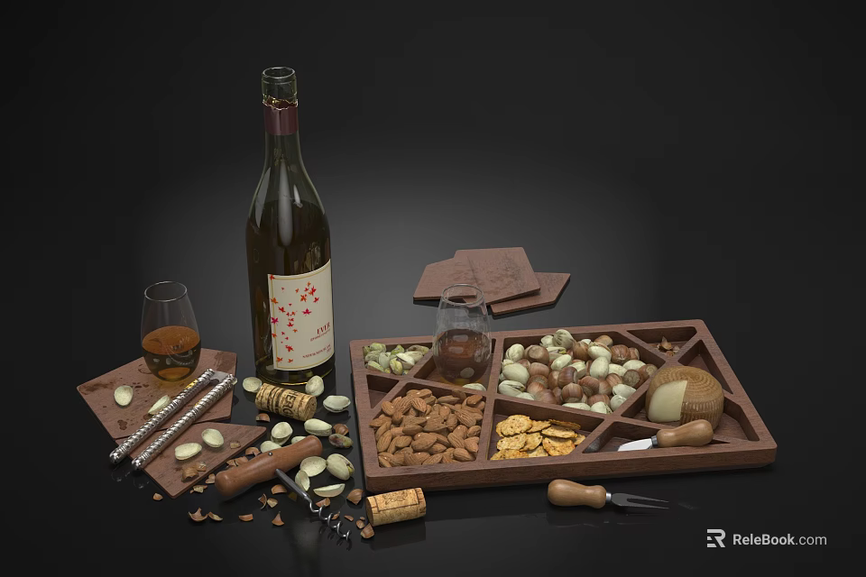 Delicious Assorted Nuts Crackers And Cheese On Wooden Tray With Wine Glass 3d model 