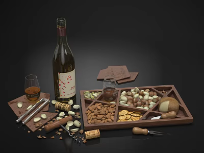 Delicious Assorted Nuts Crackers And Cheese On Wooden Tray With Wine Glass 3d model