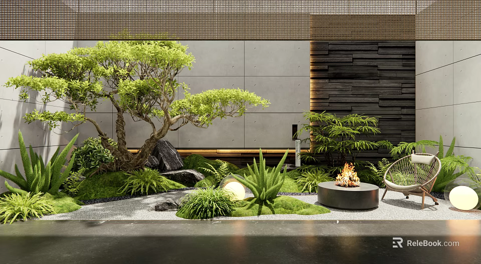Modern Courtyard Garden With Lush Greenery Water Feature Fire Pit And Stone Paving 3d model 