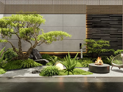 Modern Courtyard Garden With Lush Greenery Water Feature Fire Pit And Stone Paving 3d model