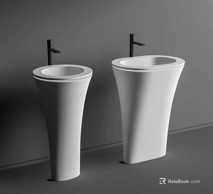 Two White Pedestal Washbasins With Black Faucets On Grey Background 3d model 