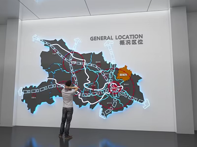 Person Viewing General Location Map With Roads And Area Markers On Wall 3d model