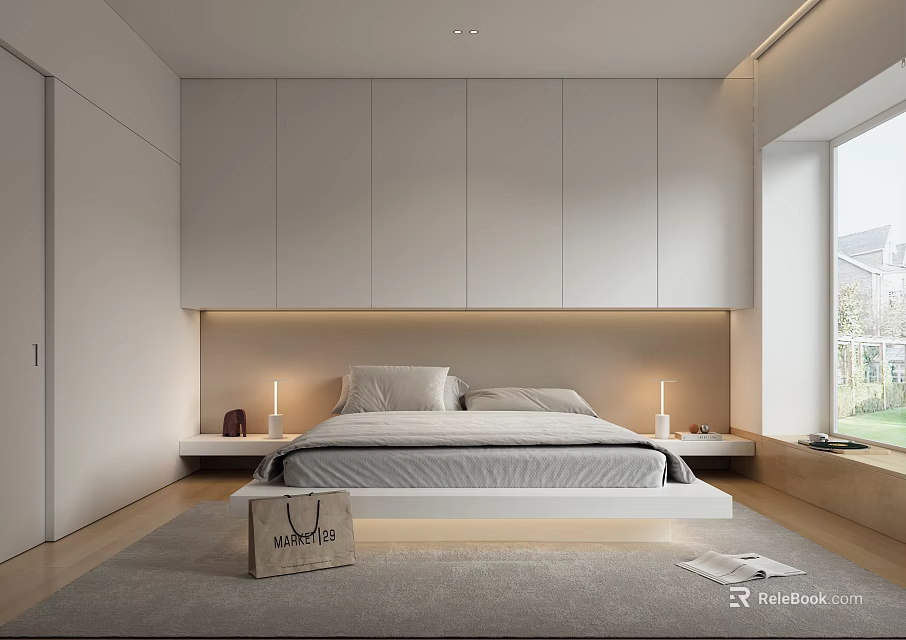 Minimalist Modern Bedroom Interior Design With White Bed Wardrobes Bedside Lighting And Window 3d model 