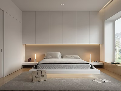 Minimalist Modern Bedroom Interior Design With White Bed Wardrobes Bedside Lighting And Window 3d model