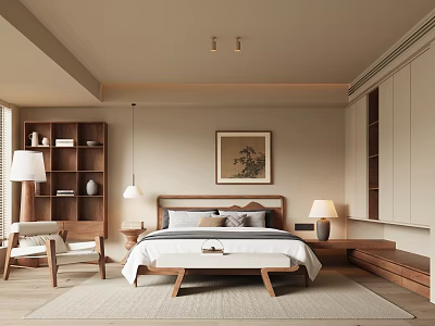 Modern Bedroom Interior Design With Wooden Bed Nightstand Lamp Bookshelf And Cozy Rug 3d model