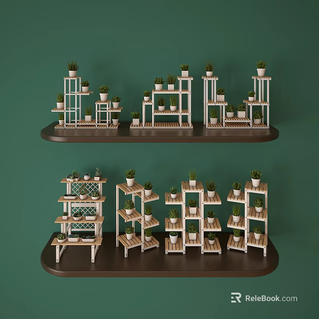 Creative Garden Decor Display Shelves With Various Potted Plants And Layers 3d model 