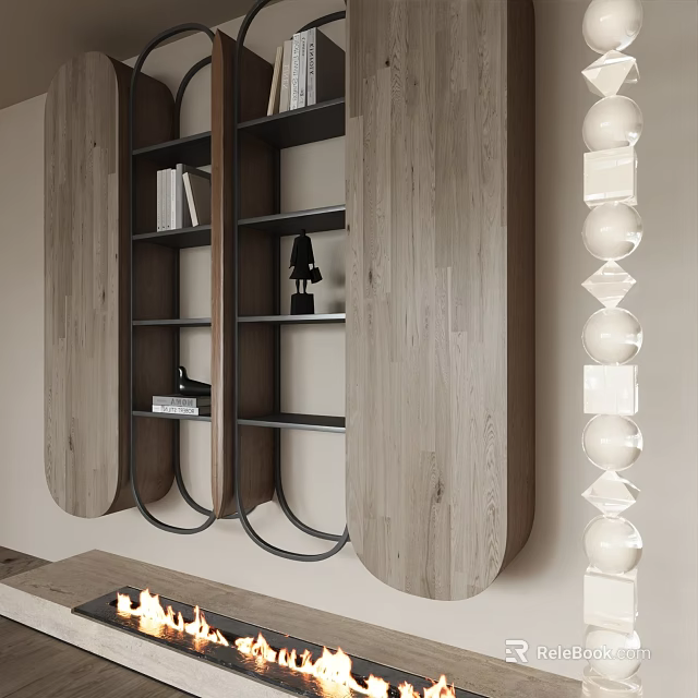 Modern Curved Wooden Bookcase With Open Shelves And Black Metal Frame Decorative Items 3d model 