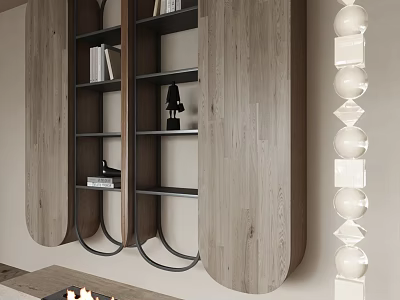 Modern Curved Wooden Bookcase With Open Shelves And Black Metal Frame Decorative Items 3d model