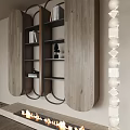 Modern Curved Wooden Bookcase With Open Shelves And Black Metal Frame Decorative Items