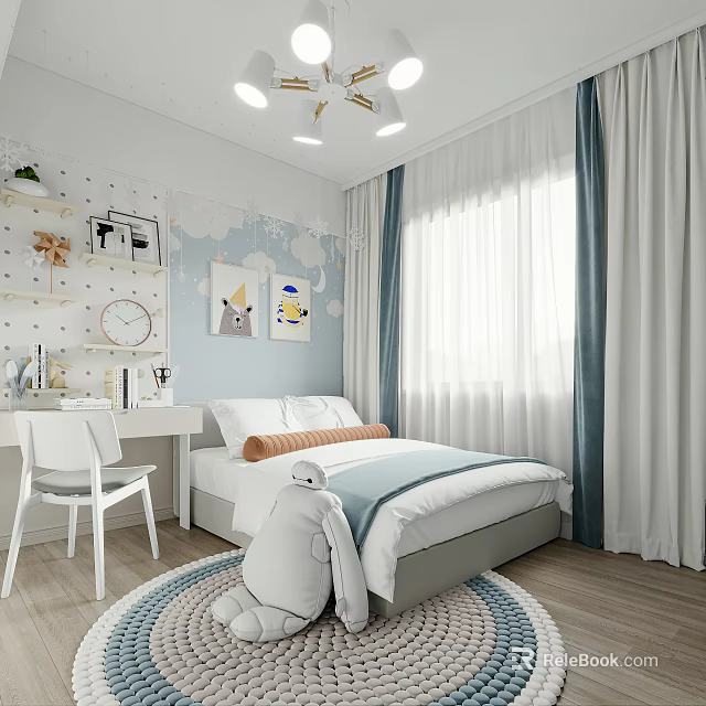 Kids Room Interior Design With Cloud Wall Art White Bed Blue Curtains Study Desk And Soft Rug 3d model 