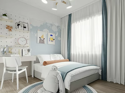Kids Room Interior Design With Cloud Wall Art White Bed Blue Curtains Study Desk And Soft Rug 3d model