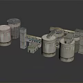 Industrial Equipment Setup Featuring Cylindrical Tanks Square Structures And Connecting Pipes