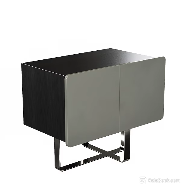 Modern Bedside Cabinet With Black And Grey Lacquered Double Doors And Chrome X Shaped Legs 3d model 