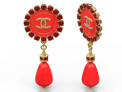 Red Statement Earrings With Double C Logo And Teardrop Pendant Gemstone Design 3d model