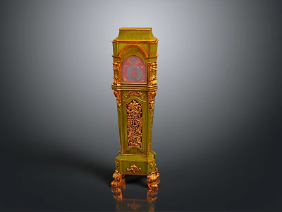 Green Grandfather Clock With Gold Carved Details And Round Face Furniture 3d model