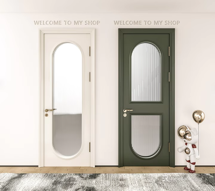 White and Green Swing Doors with Arched Glass Panels for Shop 3d model 