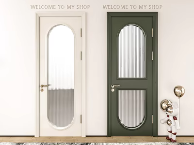White and Green Swing Doors with Arched Glass Panels for Shop 3d model