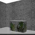 Room with Intricate Patterned Walls and Transparent Cube Container Holding Green Plants