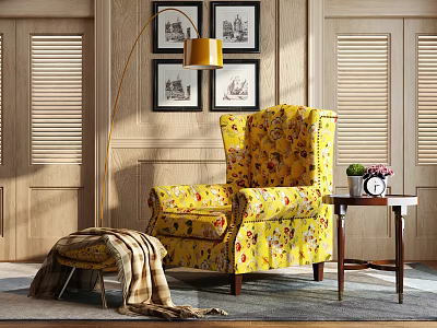 Yellow Floral Single Sofa With Side Table Potted Flowers Clock Wooden Wall And Framed 3d model
